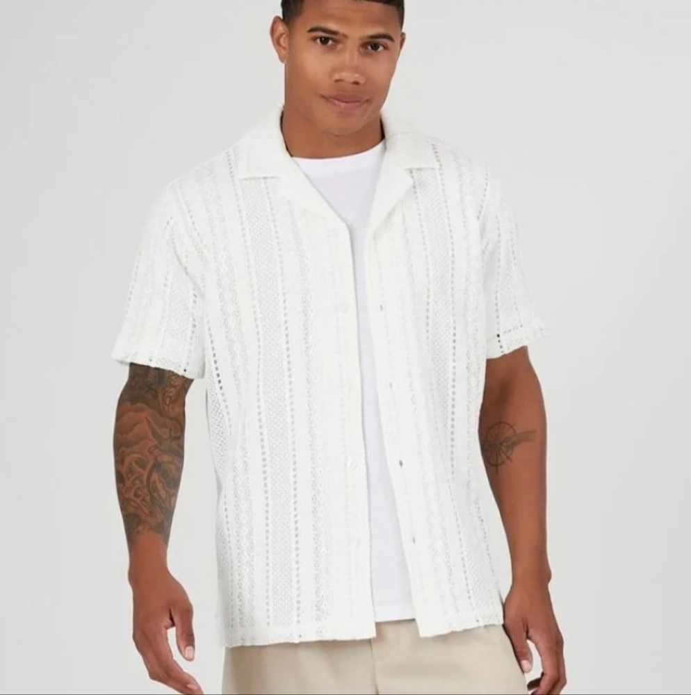 Forever 21 Mens Cream Cotton Crochet Button Up Short Sleeved Shirt Sz XL